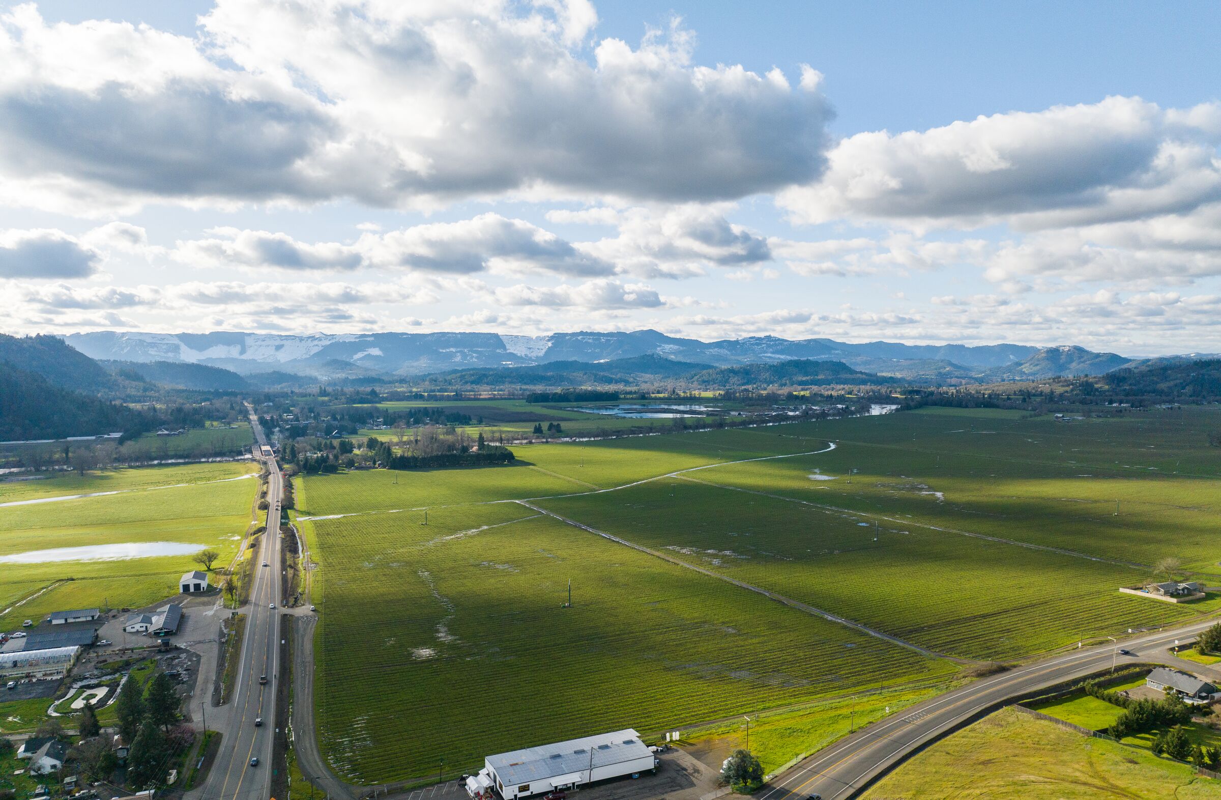 The Melrose valley from the air in March, a road through green fields toward the hills