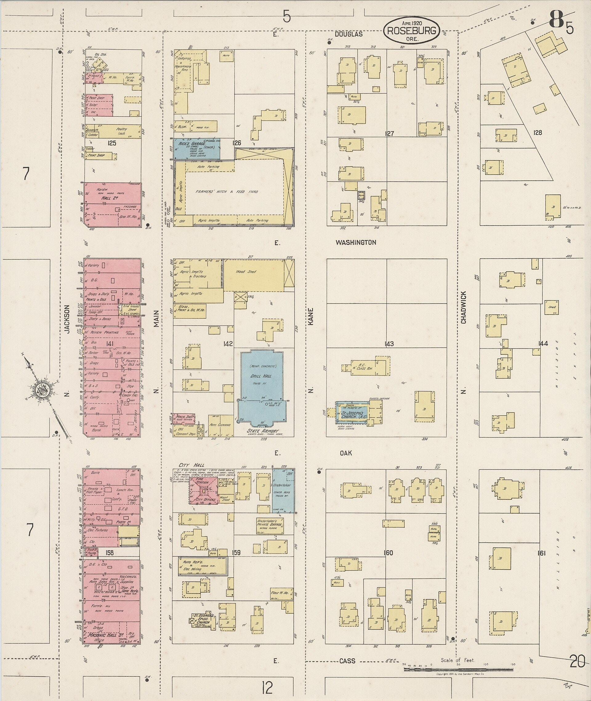 A 1920 fire insurance map of downtown Roseburg: Jackson, Main and Kane streets between Douglas and Cass