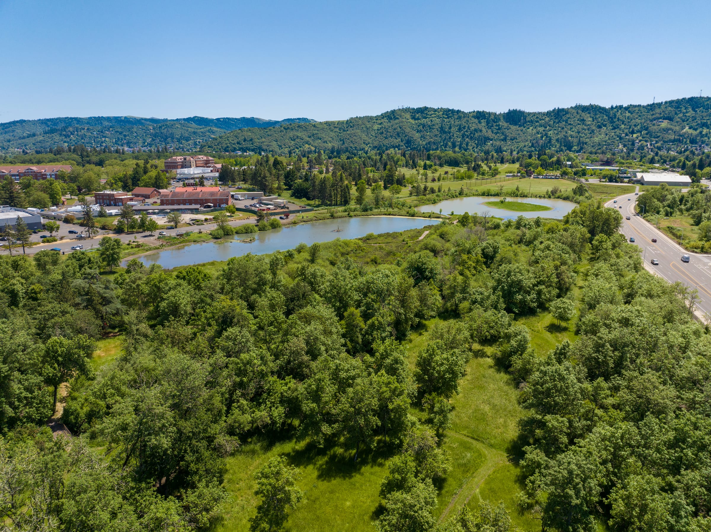 Stewart Park from the air in May, the pond and green trees beside the road, Roseburg and the hills beyond