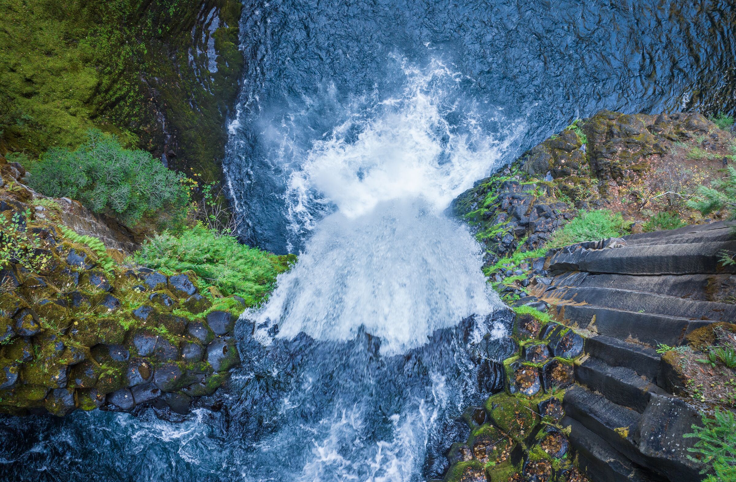 Toketee Falls from straight above in October, white water over basalt columns into the pool