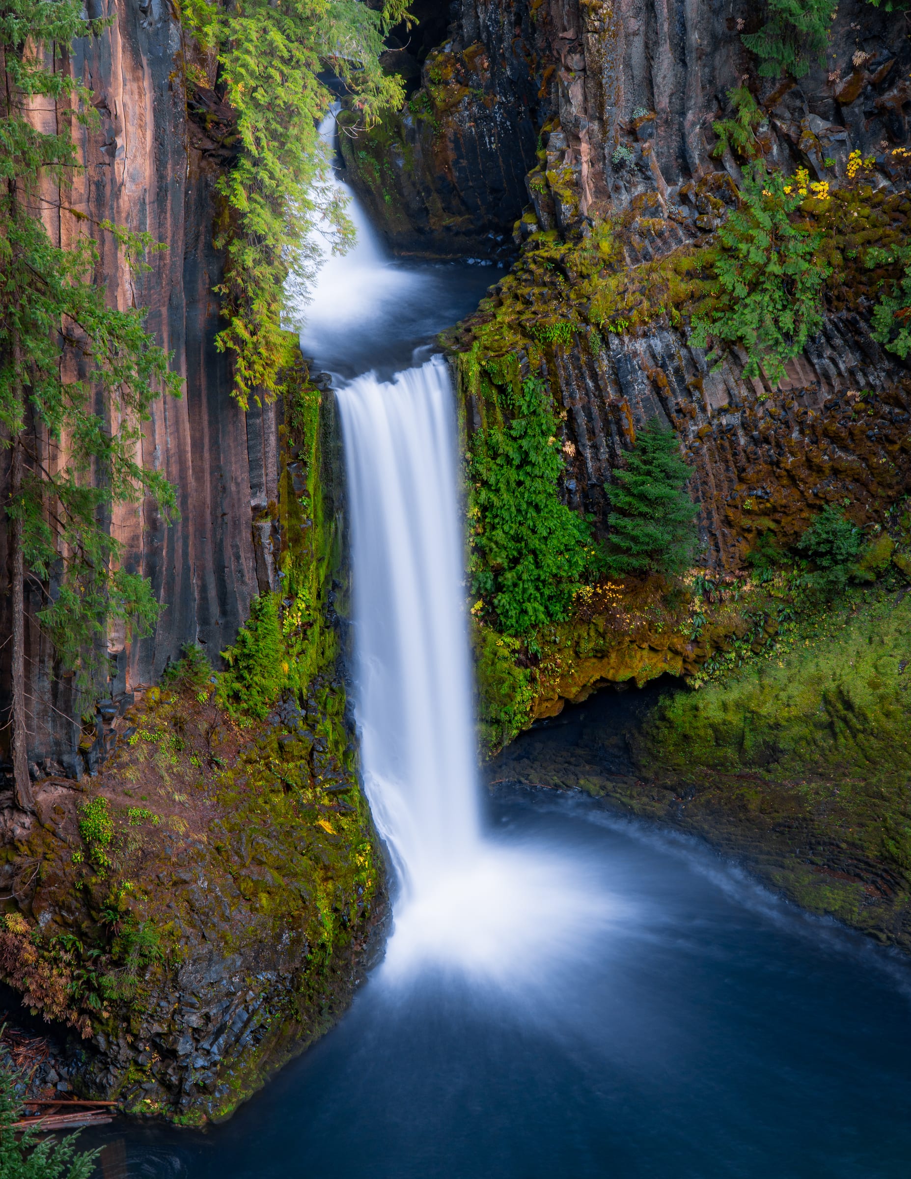 Toketee Falls dropping through columns of basalt into a deep blue pool in November